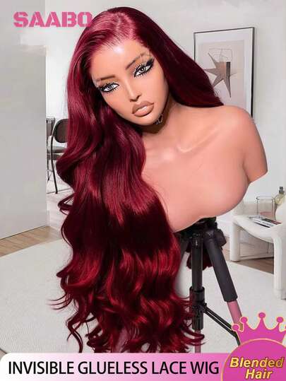 200% Density 28 Inch Body Wave Human Frontal Hair Wig 13x4 HD SKINLIKE Lace Front Natural Hairline Wig Pre-Plucked Bleached Knots Burgundy 99j Color Adjustable Part Blended Hair Wigs For Women
