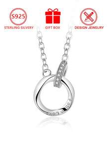 S925纯银双环情侣项链，黑白钻石可选，简约奢华设计，女友/情侣纪念礼物，日常百搭，礼盒包装 - 銀色 - 查看 3