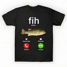 % Cotton Oversized Printed-Shirt Unisex, Solid Black Casual Graphic Tee, Summer Essential Layering Top, S-3XL Fih Calling Fish - Fih --Shirt - 黑色 - 查看 1