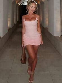 1Pcs Sparkly Summer Party Dress, Sequin Slinky Bodycon Midi/Mini Dress For Women, Evening Wedding Guest Outfit - 粉色 - 查看 8