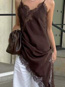 Vestido Casual Elegante e Sexy Feminino GMFP, Cor Sólida com Recorte de Renda, Bainha Assimétrica, Sem Alças, Ideal para Viagem, Férias, Festa Marrom, Adequado para Festival de Música/Temporada de Casamento no Verão - Castanho - Visão 1
