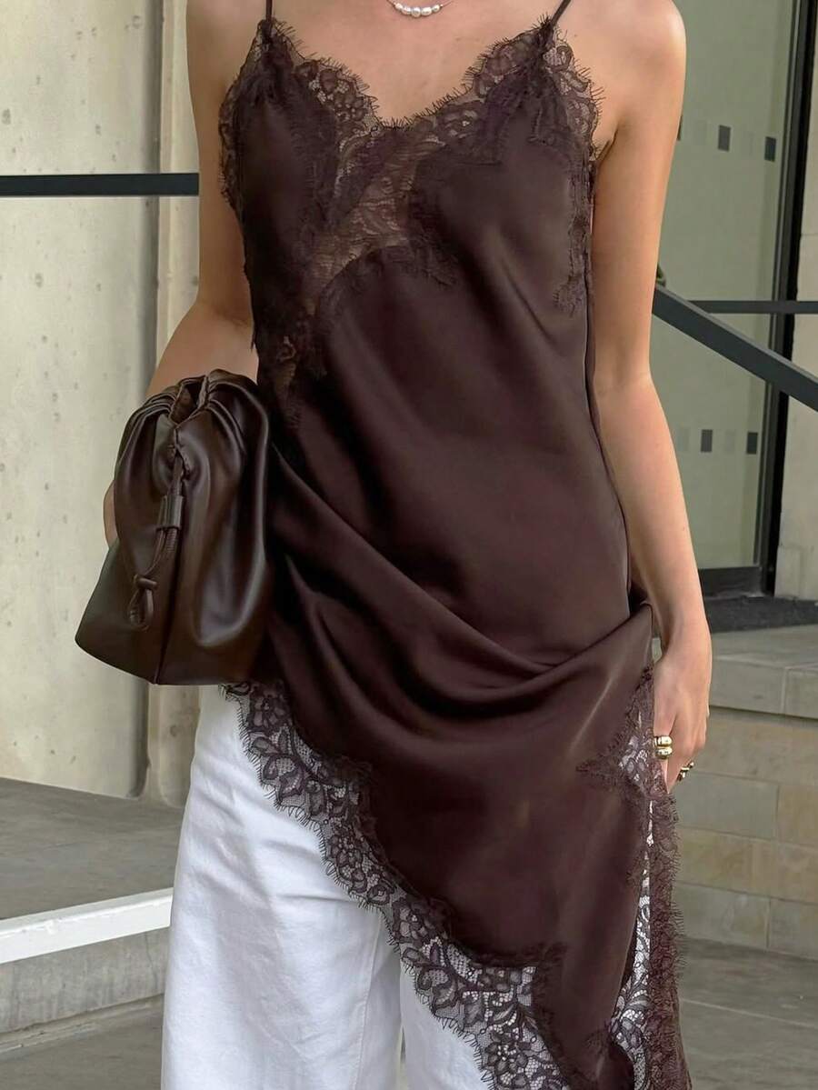 Vestido Casual Elegante e Sexy Feminino GMFP, Cor Sólida com Recorte de Renda, Bainha Assimétrica, Sem Alças, Ideal para Viagem, Férias, Festa Marrom, Adequado para Festival de Música/Temporada de Casamento no Verão - Castanho - Visão 1