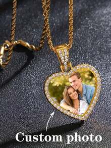 Customized Heart-Shaped Pendant Necklace, Fashionable Hip-Hop Full Crystal Love Photo Locket, Couples Zinc Alloy Jewelry Inlaid With Rhinestones - Neutral Style, Ideal Gift For Boyfriend/Girlfriend, Mom, Family, Friends, Grandparents, Anniversary, Birthday, Daily Wear, Prom, Mother's Day, Valentine's Day, Graduation - Multicolor - View 9