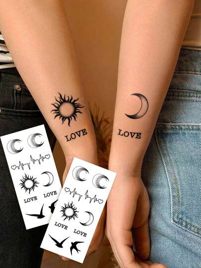 STARTTOOS 2张小花朵手臂纹身贴纸 - 黑色新月、太阳、LOVE、燕子、心跳图案，DIY临时纹身贴纸，适用于动漫节、嘉年华、音乐节、情人节、派对礼物，适合手腕、脚踝、肩膀、脖子、锁骨等部位，防水逼真纹身贴纸