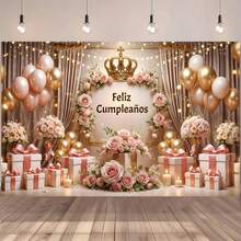 1. 西班牙语“生日快乐”横幅背景 - 粉色幕布，饰有礼物和玫瑰气球图案设计，非常适合用作生日庆祝背景、拍照道具、派对家居装饰、生日礼物、室内外活动、礼品、影棚道具和活动策划必备品。 - 彩色 - 查看 1