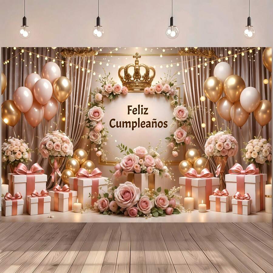 1. 西班牙语“生日快乐”横幅背景 - 粉色幕布，饰有礼物和玫瑰气球图案设计，非常适合用作生日庆祝背景、拍照道具、派对家居装饰、生日礼物、室内外活动、礼品、影棚道具和活动策划必备品。 - 彩色 - 查看 1