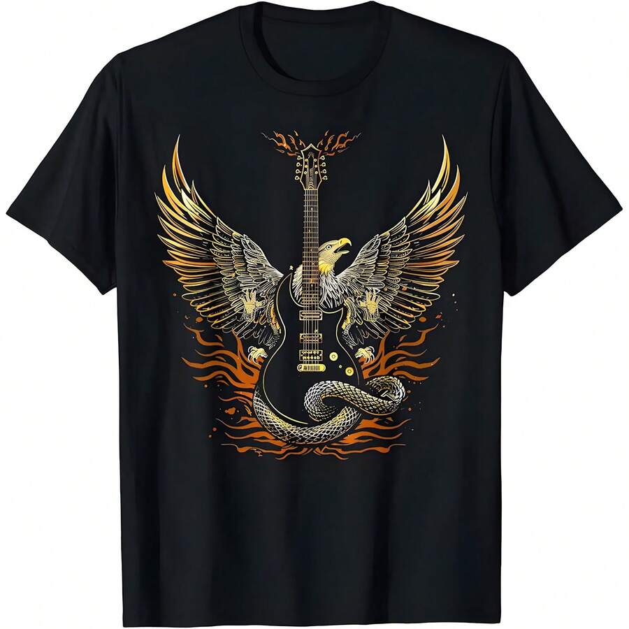 Rock And Roll Guitar With Eagle Flames And Serpent T-Shirt - màu đen - Xem 1