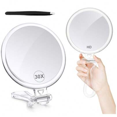 50倍放大镜，带手柄，双面1倍/50倍放大手镜，可用于化妆、桌面旅行、手持折叠旅行化妆镜，可折叠便携，方便旅行、修眉，卡通设计，塑料边框，无需电池，价格实惠，可作房间装饰