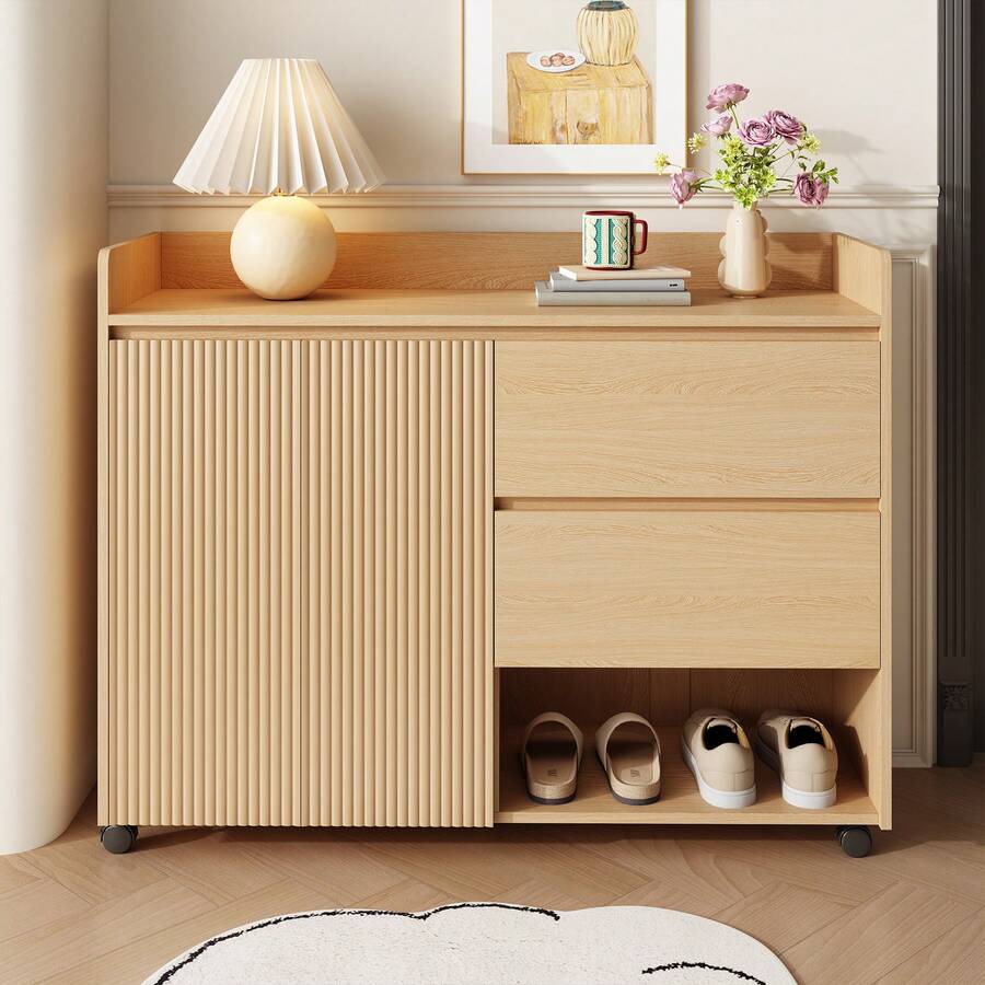 Mobile Shoe Cabinet, Universal Wheels With Brakes. Curved Top Structure. Adjustable Shelf, Soft-Close Hinges. - Khaki - View 1