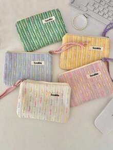 1个可爱条纹帆布拉链化妆包，女士旅行收纳包，铅笔盒，大容量化妆刷收纳包，旅行洗漱包，印花化妆包，化妆品旅行收纳包，带拉链的礼品配件 - 彩色 - 查看 7