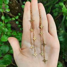 1Pair Minimalist Golden Little Stars Drop Dangle Long Earrings Women Celestial Jewelry- Perfect Party Gift - Suitable For Daily Wear - Yellow Gold - View 6