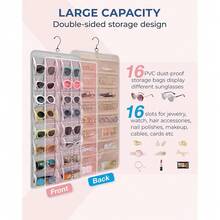 Hanging Jewelry Organizer, Dust Proof Sunglasses Storage Case Wall Mounted, Travel Dual Sided Glasses Case Multiple Pairs, Eyeglasses Holder With 32 Clear Slots & Metal Hook, Grey - 灰色 - 查看 3