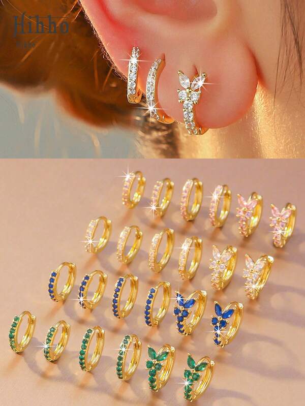 Hihho 6pcs Fashionable Shiny Candy Color Cubic Zirconia Butterfly Earrings Set, Includes White, Pink, Blue, Green Diamonds, Vibrant And Romantic Butterfly Motif, Suitable For Women's Daily Wear, Personality-Catching Earrings For Commuting, Party