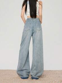 YEAE | 女士阔腿牛仔裤，带纽扣口袋和拉链细节，长款无弹力派对风 - 中等水洗藍 - 查看 3