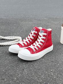 黑色帆布鞋，女鞋，运动鞋，男鞋，帆布鞋，春秋季款，韩版，简约时尚休闲系带运动鞋，经典高帮帆布鞋，百搭休闲滑板鞋 - 紅色 - 查看 2