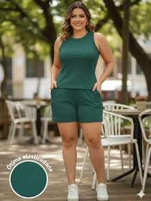 Conjunto Short e Blusa  canelada Leve e Confortável Estica Bastante M G GG Casual Pode Usar na Praia Passeio Dia a Dia em Casa - Verde - Visão 3