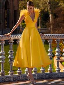 Formal, Soft, Neutral, Inimal, Oversized, Slim, Fresh. Spring Summer. Daily, Office.  Cocktail Dress, Sophisticated Feather Detail - Yellow - View 3