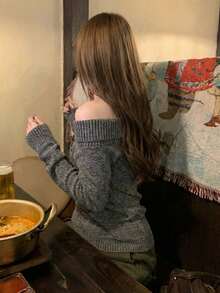 [Y6Y] Women's Spring Elegant Off-Shoulder Knit Sweater, Long Sleeve Fitted Style Versatile Pullover Top - Coffee Gray - View 7