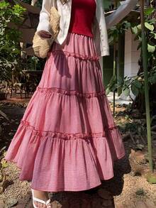 EARO Women's Red Plaid Maxi Layered Skirt, Ruffle Hem Detail, Non-Stretch Fabric, Elastic Waist, Casual Summer Skirt - Red and White Checkered - View 1