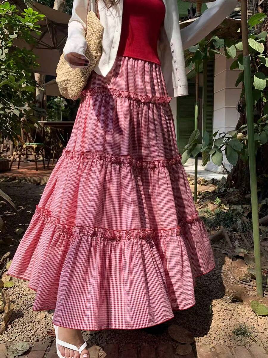 EARO Women's Red Plaid Maxi Layered Skirt, Ruffle Hem Detail, Non-Stretch Fabric, Elastic Waist, Casual Summer Skirt - Red and White Checkered - View 1
