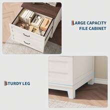 Armario de archivos laterales de madera de granja con 2 cajones y escritorio abierto, armario de archivos grande para archivo legal / carta / A4 de tamaño w / varilla colgante, marco robusto, para oficina en el hogar - Blanco parduzco - Ver 3