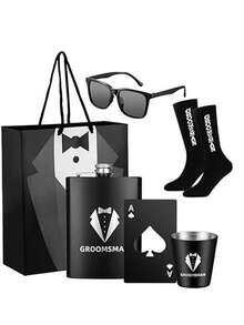Complete 1/6 Person Groomsmen Gift Set With Individual Kits For The Wedding Party Includes A Hip Flask Glasses Bottle Opener Socks Funnel Glass And Carry Bag For A Memorable Celebration Event - 黑色 - 查看 13