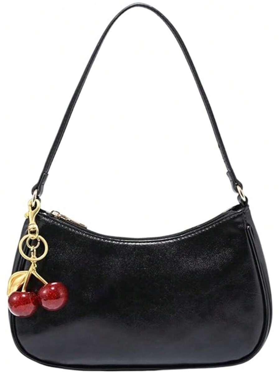 Shallow Summer, Women's Fall Outfits, Floral Patterned Fabric, Cute Pendant Decor, Cherry Pendant, Women's Minimalist Shoulder Bag, Zipper Closure, Retro Style, Underarm Bag, Suitable For Multiple Occasions, Small Bags - 黑色 - 查看 1