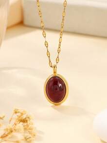 1件不锈钢复古金色项链，配棕色宝石吊坠，适合女士日常佩戴或作为礼物 - 金黃色 - 查看 2
