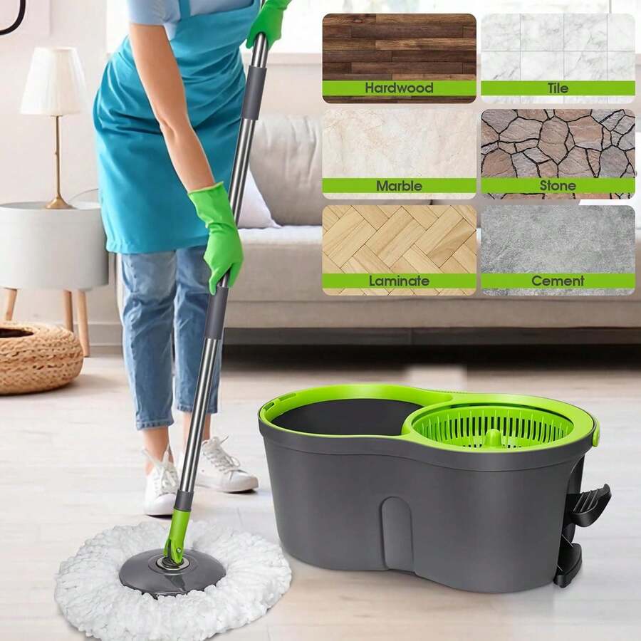 Spin Mop Bucket System Pedal Spin Mop And Bucket With Wringer Set,EasyWring Microfiber Mop With 3 Mop Pads,360°Spinning Floor Cleaning System - Home & Office Suitable - A - Xem 1