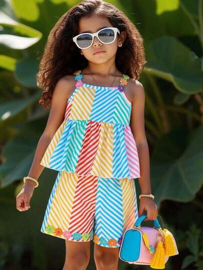 Girls' Dopamine Striped Camisole & Shorts Set, Colorful Striped Print With 3D Floral Decor Loose Camisole + Shorts 2pcs Set, Suitable For Beach Vacation, Casual Daily Wear, Birthday Party, Family Gathering (Stripe Colors And 3D Embroidery Placement Are Random)