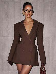 Autumn New Long Sleeve Fashion Sexy Deep V Solid Color Casual Slim Fit Blazer Long Sleeve Dress - 酒紅色 - 查看 9