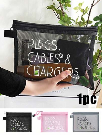Mesh Makeup Bag, Data Cable Pattern, Charger Letter Design, Red Cushion Compact Storage Bag, Makeup Bag, Skincare Bag, Travel Essential, Dormitory Supplies, Bridal Gift, Mother's Day Gift, Birthday Gift, Gift For Friends And Teachers, Bathroom Storage, Jewelry Storage, Lip Oil And Cosmetics Storage Bag.