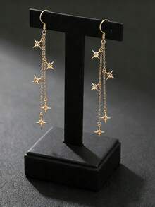 1Pair Minimalist Golden Little Stars Drop Dangle Long Earrings Women Celestial Jewelry- Perfect Party Gift - Suitable For Daily Wear - Yellow Gold - View 1