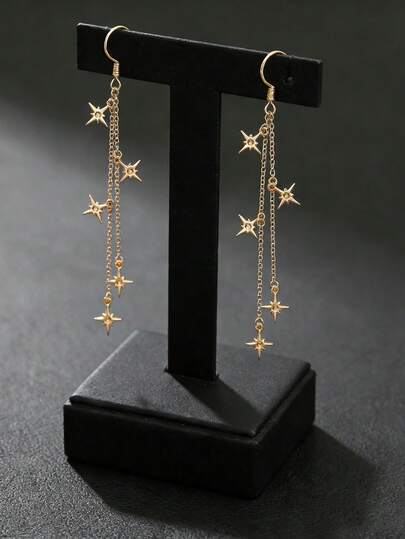1Pair Minimalist Golden Little Stars Drop Dangle Long Earrings Women Celestial Jewelry- Perfect Party Gift - Suitable For Daily Wear