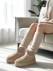 2025 Trending Women's Winter Casual Versatile Simple Knit Patchwork Snow Boots - Beige - View 2