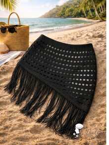Ibiza Crochet Skirt With Fringe For Women, Elegant Beach Cover-Up, Openwork Fabric, Fringe, Cutout/Cutout, Vacation, Beach - 黑色 - 查看 2