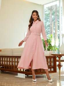 Luxury Ribbed Dress, Casual And Elegant Fabric, With Belt, Button, Pocket, Modest Fashion, Formal And Evening Wedding, Summer - 羅莎 - 查看 1