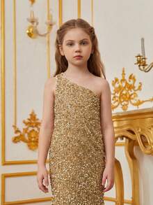 Vestido de fiesta de lentejuelas con un hombro y espalda abierta para niña preadolescente de estilo sirena - Champán - Ver 5