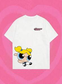 Whysmera SHEIN X Powerpuff Girls Áo thun ngắn tay nữ mùa hè mới in hình hoạt hình hoa nở, thoáng khí, kiểu dáng thoải mái, thích hợp cho đi mua sắm, đi chơi với bạn bè, mặc ở nhà, áo cơ bản, phong cách nghỉ dưỡng, thời trang mặc hàng ngày. - trắng - Xem 1