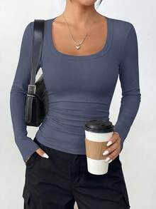 PRETTYGARDEN Women Spring And Fall Long Sleeve Shirts Clothes Cute Going Out Tops Ribbed Tight Fitted Plain Basic Tee Tshirts Vacation Outfits For Women - 深灰藍 - 查看 4