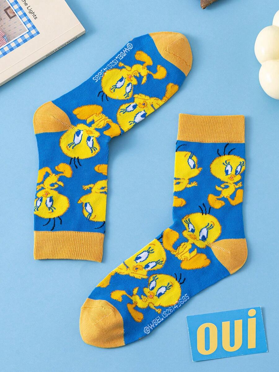 Noctvar OBM Sleepwear X LOONEY TUNES 1 Pair Chui Di Pattern Men's Mid-Calf Socks, Cute Cartoon Chui Di & Silly Cat Patterns, Odor-Resistant Moisture-Wicking Casual Sports Socks, Suitable For Students/Adults As Gifts Or Daily Wear, Couple Styles - Multicolor - View 1