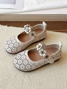 1双女童真皮镂空透气可爱皮鞋，婴幼儿防滑软底学步鞋，百搭休闲鞋，玛丽珍乐福鞋，带搭扣，适合春、夏、秋季穿着 - 米色 - 查看 2