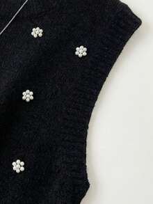 女士优雅衬衫，女士珍珠细节针织毛衣，圆领无袖背心，简约衬衫 - 黑色 - 查看 4