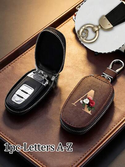拉链钥匙扣 - 时尚红色花朵搭配金色字母（A-Y），PU仿皮材质，适用于汽车、家居和办公室 - 情人节、毕业典礼和教师节的理想礼物 - 男女通用设计，旅行配件，做工精良，专业配件，适合赠送朋友、长辈、作为生日礼物或感恩节礼物