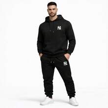 Men's Stylish Kangaroo Hoodie Set + Unisex Sweatpants Set - 黑色 - 查看 2