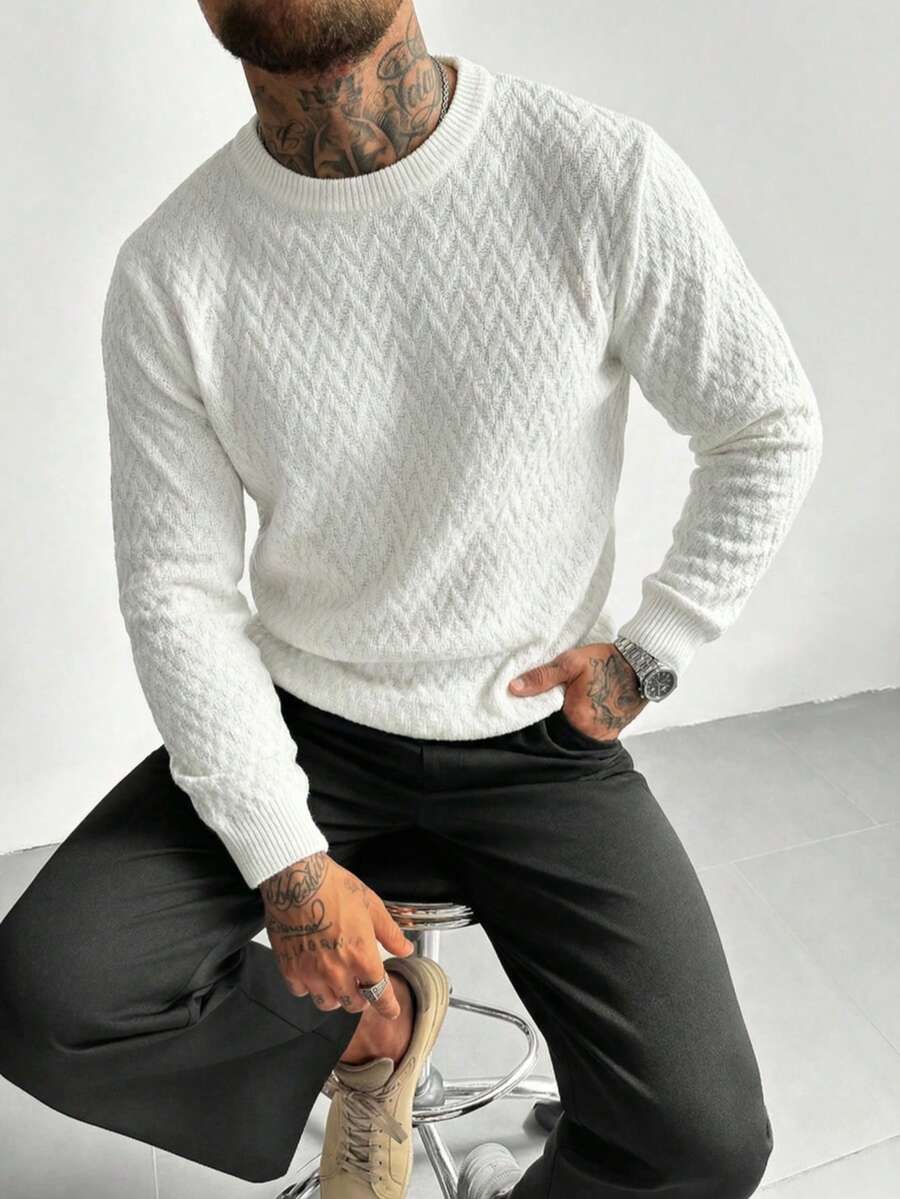 Men's Diamond Textured Sweater - Crew Neck Long Sleeve Knit Pullover, Solid Color Minimalist Waffle Knit Base Layer, Comfortable Breathable Men's Knit Top For Spring & Autumn - أبيض - مشاهدة 1