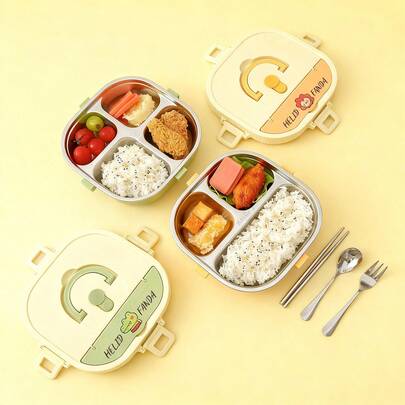 850/900ML 3/4 Compartments Portable Lunch Box With Cutlery & Handle , Cute Pattern Sealed Leak Proof 304 Stainless Steel Lunch Container Set, Large Capacity Divided Bento Box, Food Storage Container, Microwave&Dishwasher , Hot Water Heatable, Suitable For Student And Adult Use In School, Office, Outdoor Camping, Picnic, Travel