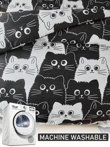 Bộ chăn ga gối trẻ em in hình mèo hoạt hình đen trắng (2/3 món), chất liệu polyester dễ thương, thích hợp cho ký túc xá, phòng trẻ em, mọi mùa, mềm mại và thoáng khí, có thể giặt máy, quà tặng cho bé trai, bé gái, trẻ em (1 vỏ chăn + 1/2 vỏ gối, không kèm ruột gối) - Đen và trắng - Xem 7