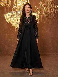 SUPGIR 女士立领长袖手工镶钻缎面晚礼服 - 黑色 - 查看 2