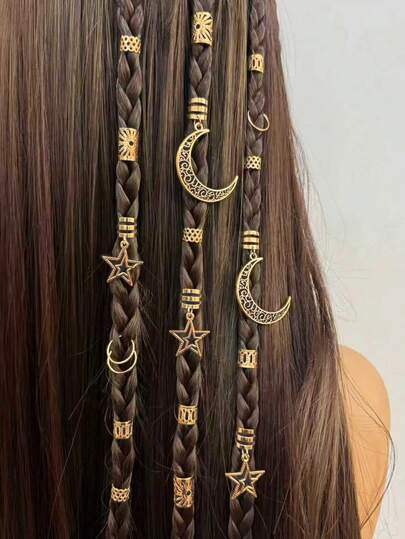 45 piezas Conjunto de accesorios para el cabello trenzado de niñas, diseño de luna y estrella, pasadores para el cabello, decoraciones colgantes de metal estilo punk Y2K, adecuado para trenzas, fiestas, festivales de música, regalo para niñas